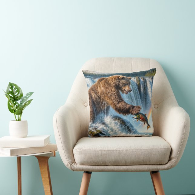 Alaskan Grizzly Bear Fishing Throw Pillow (Chair)