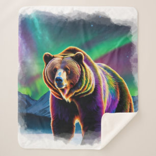 Alaskan Grizzly Bear & Northern Lights Sherpa Blanket