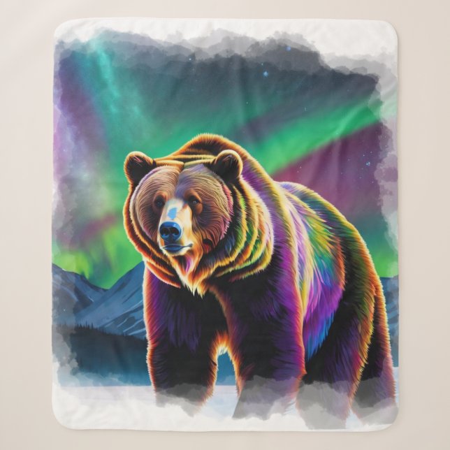 Alaskan Grizzly Bear & Northern Lights Sherpa Blanket (Front)