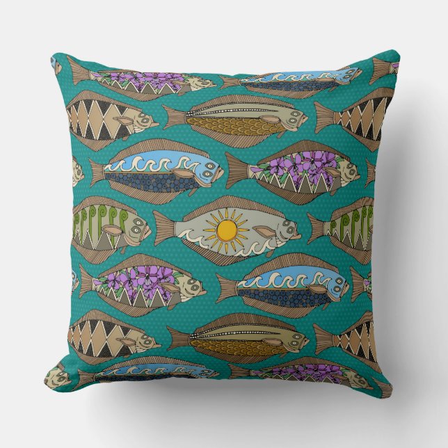 Alaskan halibut teal throw pillow (Front)