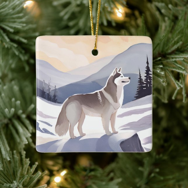Alaskan Husky | Dog Mountain Watercolor Ceramic Ornament (Tree)