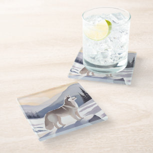Alaskan Husky Dog Mountain Watercolor Glass Coaster