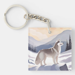 Alaskan Husky   Dog Mountain Watercolor Keychain