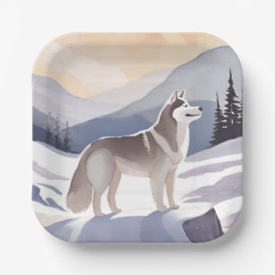 Alaskan Husky   Dog Mountain Watercolor Paper Plate