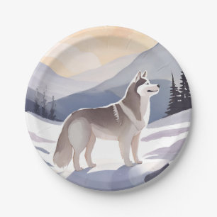 Alaskan Husky   Dog Mountain Watercolor Paper Plate