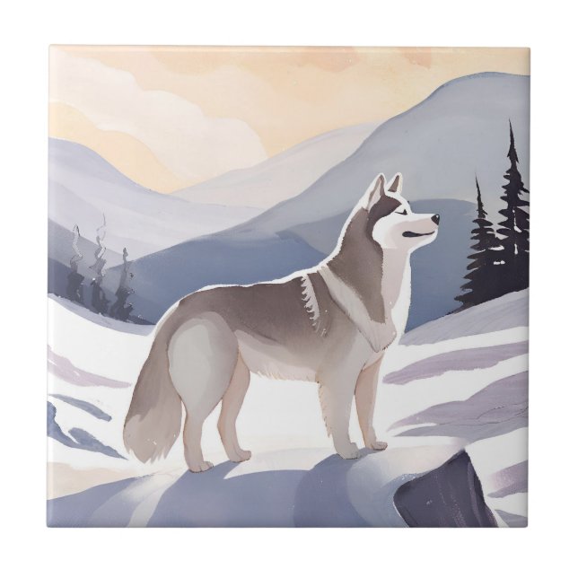 Alaskan Husky | Dog Mountain Watercolor Tile (Front)