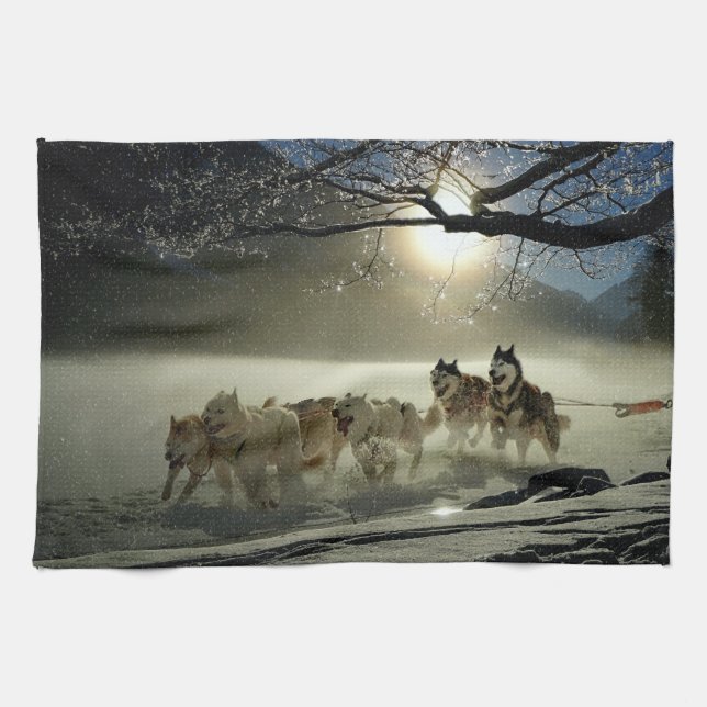 Alaskan Husky Dog Sled Race Kitchen Towel (Horizontal)