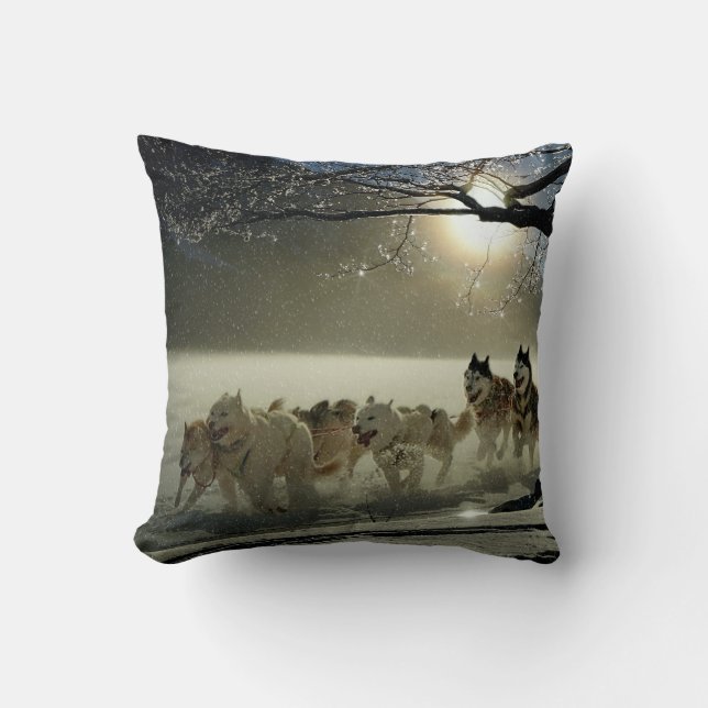 Alaskan Husky Dog Sled Race Throw Pillow (Front)