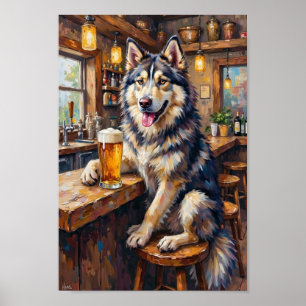 Alaskan Malamute Bar Art, Funny Drinking Dog Art Poster