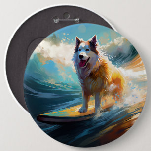 Alaskan Malamute Beach Surfing Painting 6 Inch Round Button
