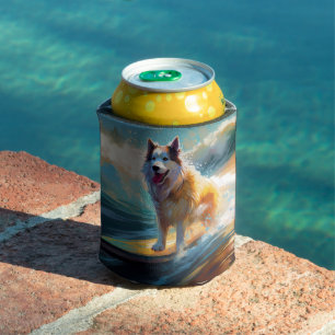 Alaskan Malamute Beach Surfing Painting Can Cooler
