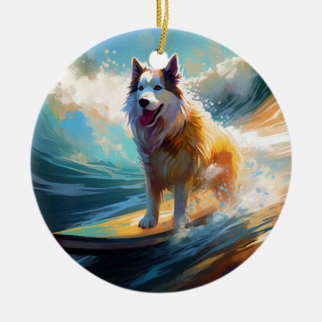Alaskan Malamute Beach Surfing Painting  Ceramic Ornament (Front)
