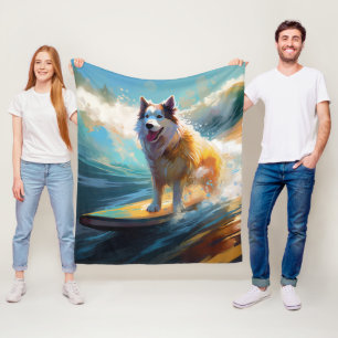 Alaskan Malamute Beach Surfing Painting  Fleece Blanket
