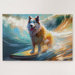 Alaskan Malamute Beach Surfing Painting  Jigsaw Puzzle
