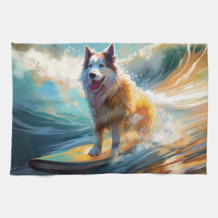 Alaskan Malamute Beach Surfing Painting  Kitchen Towel