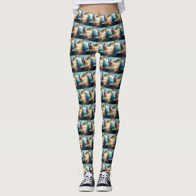 Alaskan Malamute Beach Surfing Painting  Leggings (Front)