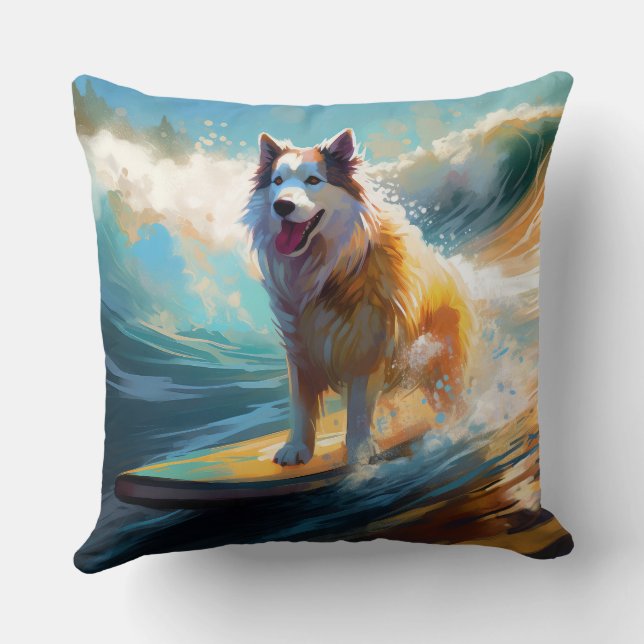 Alaskan Malamute Beach Surfing Painting  Throw Pillow (Back)