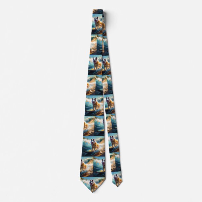 Alaskan Malamute Beach Surfing Painting  Tie (Front)