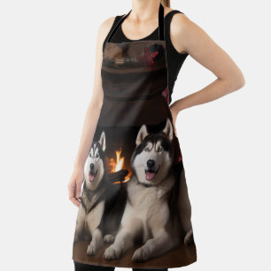 Alaskan Malamute by the Fireplace Christmas Apron