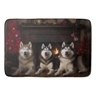 Alaskan Malamute by the Fireplace Christmas Bath Mat