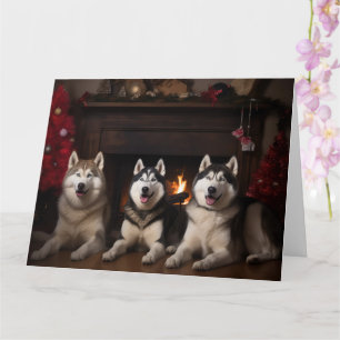 Alaskan Malamute by the Fireplace Christmas Card