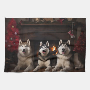 Alaskan Malamute by the Fireplace Christmas Kitchen Towel