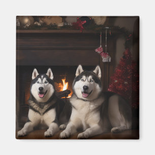 Alaskan Malamute by the Fireplace Christmas Magnet