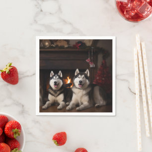 Alaskan Malamute by the Fireplace Christmas Napkin