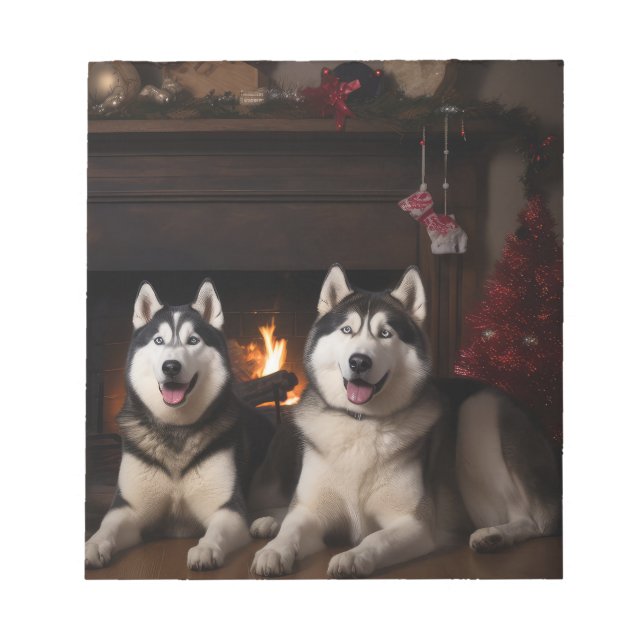 Alaskan Malamute by the Fireplace Christmas Notepad (Front)