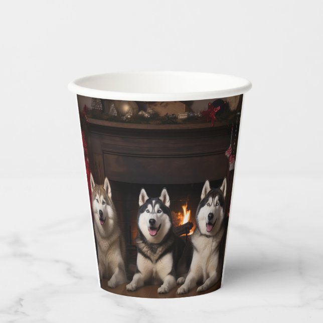 Alaskan Malamute by the Fireplace Christmas Paper Cups (Front)