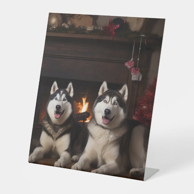 Alaskan Malamute by the Fireplace Christmas Pedestal Sign (Front)
