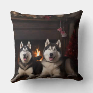 Alaskan Malamute by the Fireplace Christmas Throw Pillow