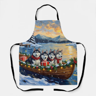 Alaskan Malamute Christmas Boat Holiday Apron