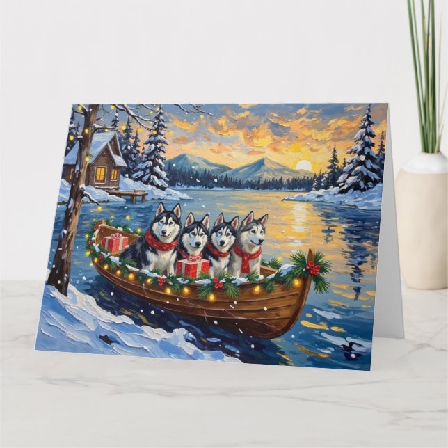 Alaskan Malamute Christmas Boat Holiday Card (Front)