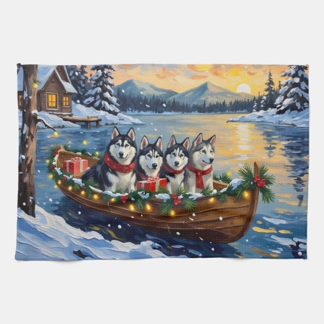 Alaskan Malamute Christmas Boat Holiday Kitchen Towel (Horizontal)