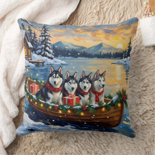 Alaskan Malamute Christmas Boat Holiday Throw Pillow