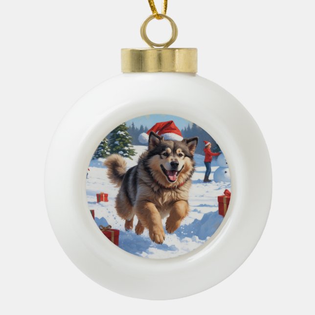Alaskan Malamute Christmas Festive Snow Scene Ceramic Ball Christmas Ornament (Front)