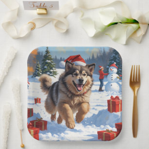 Alaskan Malamute Christmas Festive Snow Scene Paper Plate