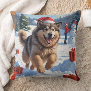 Alaskan Malamute Christmas Festive Snow Scene Throw Pillow