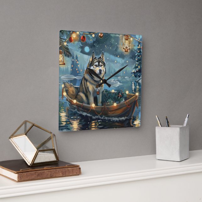 Alaskan Malamute Christmas Festive Voyage Square Wall Clock (Office)