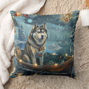 Alaskan Malamute Christmas Festive Voyage Throw Pillow