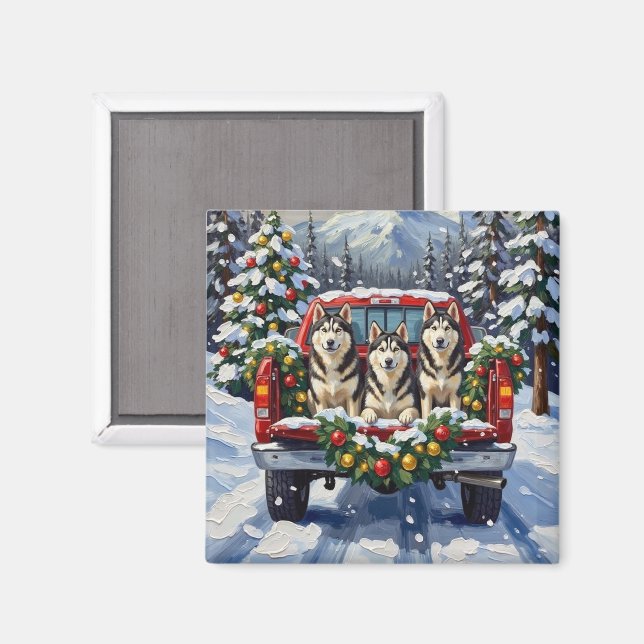 Alaskan Malamute Christmas Red Truck Holiday Magnet (Front/Back)