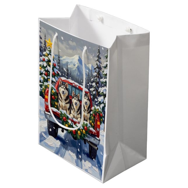 Alaskan Malamute Christmas Red Truck Holiday Medium Gift Bag (Front Angled)