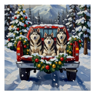 Alaskan Malamute Christmas Red Truck Holiday Poster