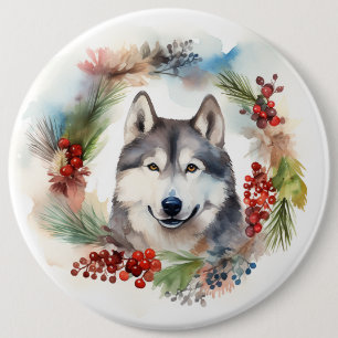Alaskan Malamute Christmas Wreath Festive Pup  6 Inch Round Button