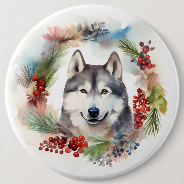 Alaskan Malamute Christmas Wreath Festive Pup  6 Inch Round Button (Front)
