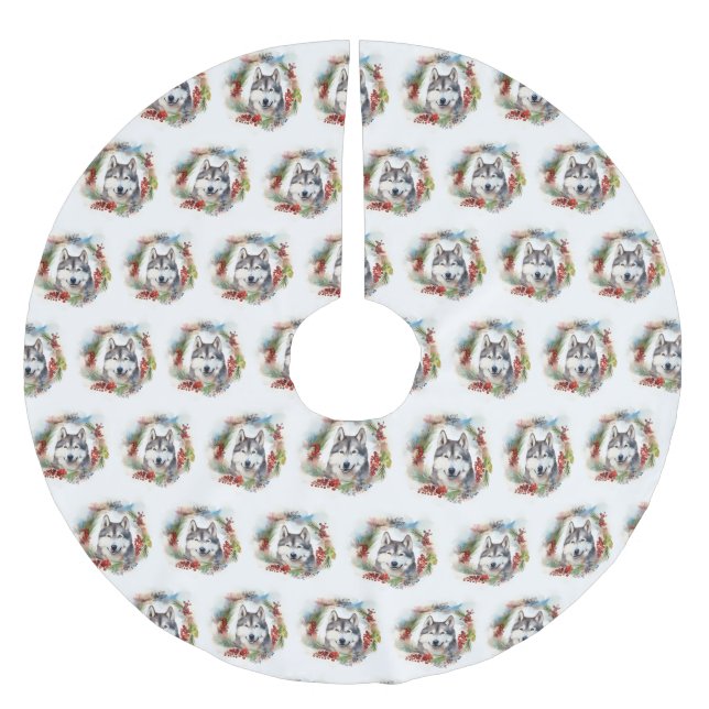 Alaskan Malamute Christmas Wreath Festive Pup  Brushed Polyester Tree Skirt (Front)