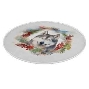 Alaskan Malamute Christmas Wreath Festive Pup  Cutting Board