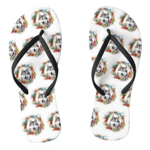 Alaskan Malamute Christmas Wreath Festive Pup  Flip Flops