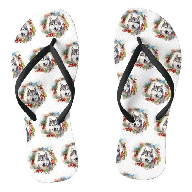 Alaskan Malamute Christmas Wreath Festive Pup  Flip Flops (Footbed)